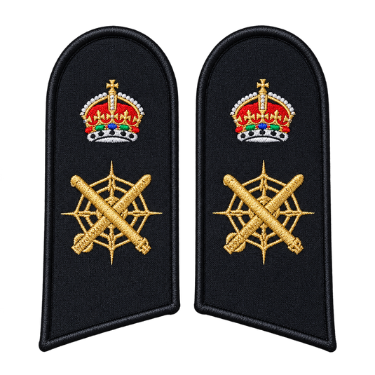 Black embroidered shoulder epaulets featuring gold-threaded crowns and crossed batons on a spiderweb design