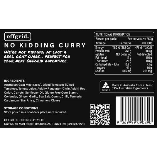 Rations Meal Ready to Eat Single Serve MRE Offgrid No Kidding Curry - Cadetshop