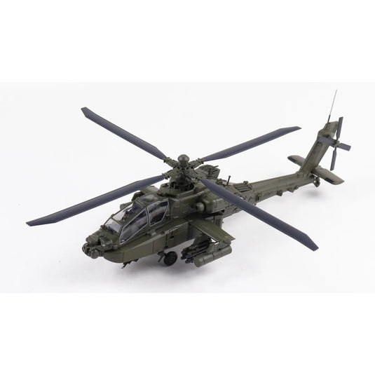 Olive green military helicopter model with detailed rotor blades and realistic cockpit features