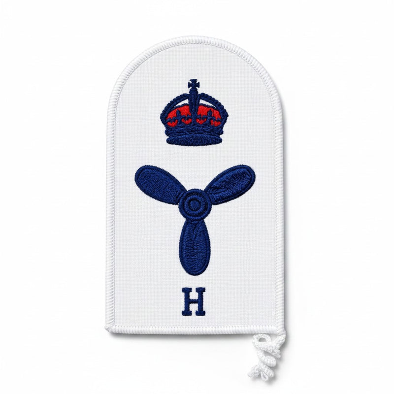 Load image into Gallery viewer, Cadetshop Marine Technical Hull category badge with embroidered crown, propeller, and H letter on white fabric
