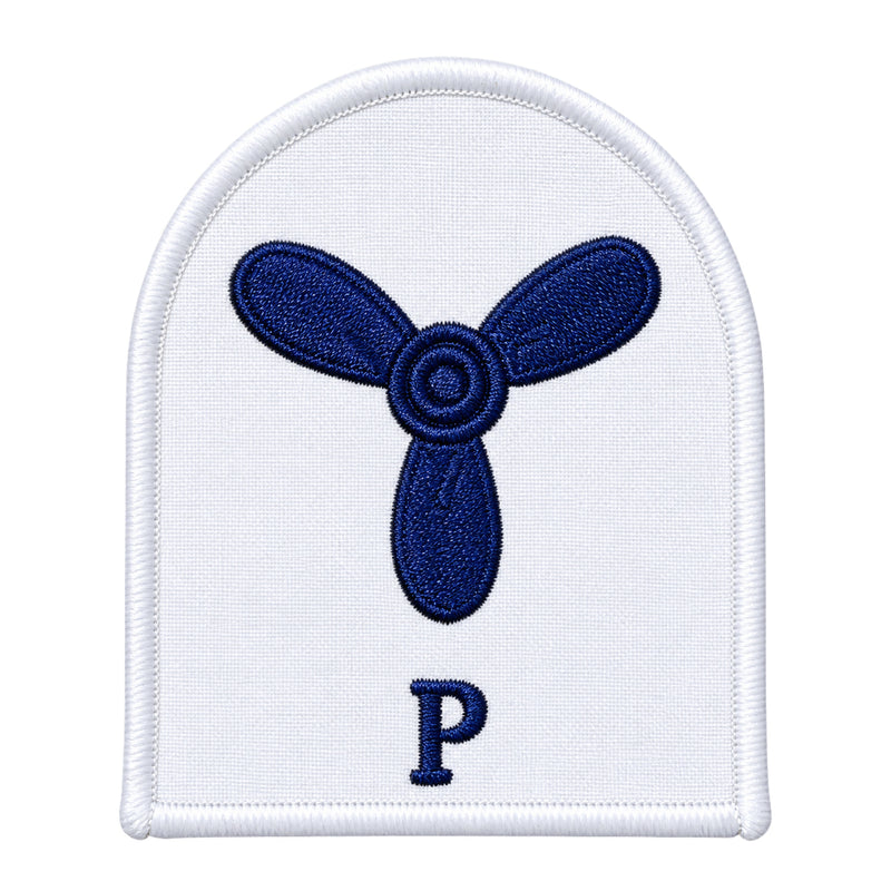 Load image into Gallery viewer, White embroidered patch featuring a navy blue three-bladed propeller emblem with the letter ’p’ below it
