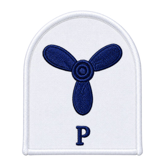White embroidered patch featuring a navy blue three-bladed propeller emblem with the letter ’p’ below it