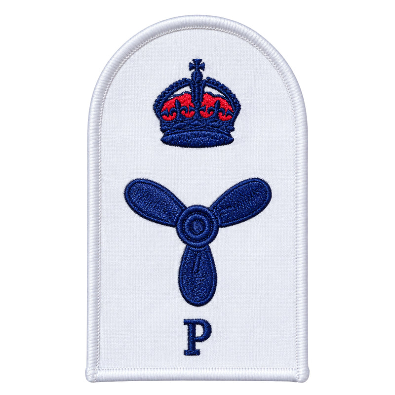 Load image into Gallery viewer, White embroidered naval rank insignia patch featuring a blue crown with red detailing above a blue propeller, and the letter ’p’ below
