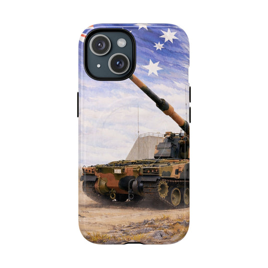 Phone case with a tank design and Australian flag on a white background