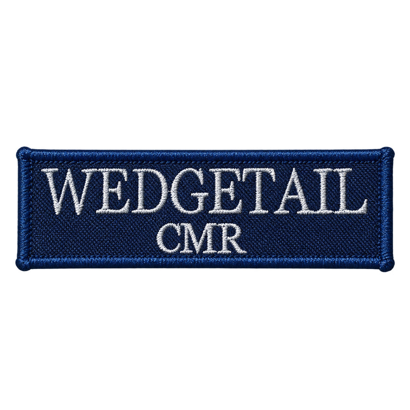 Load image into Gallery viewer, Navy blue embroidered patch with white thread lettering reading ’wedgetail cmr’
