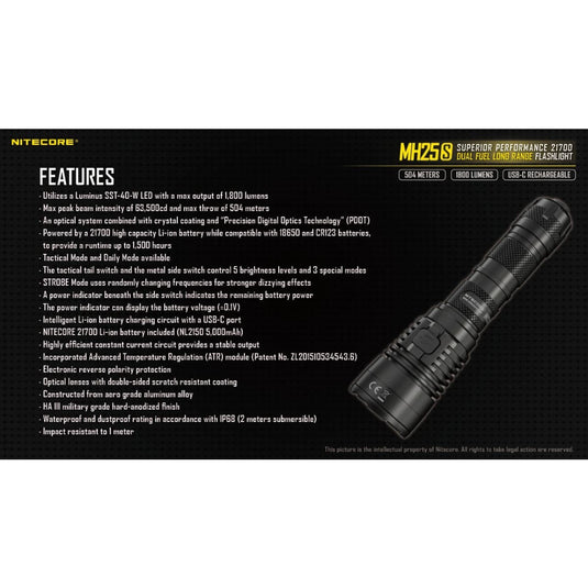Nitecore MH25S 1800 Lumen Kit - Cadetshop